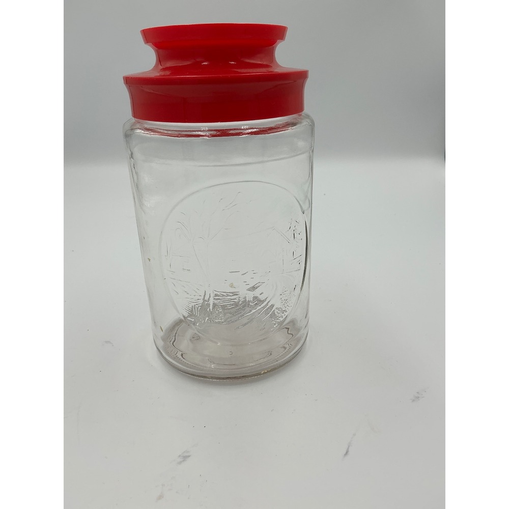 Vintage Bridge Glass Canister Embossed Cabin Scene Red Lid Kitchen Jar 1082